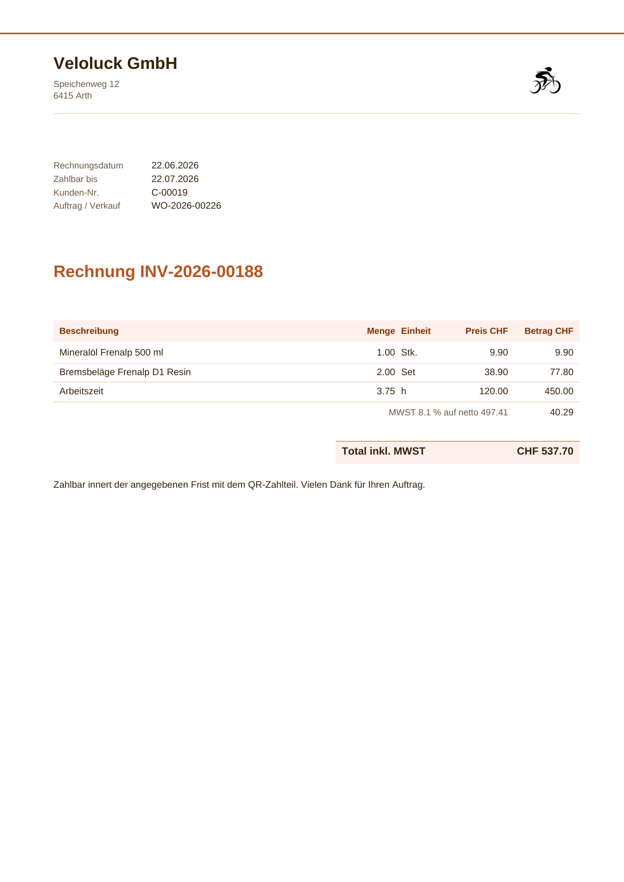 The first page of a Veloluck invoice with its Swiss QR payment part
