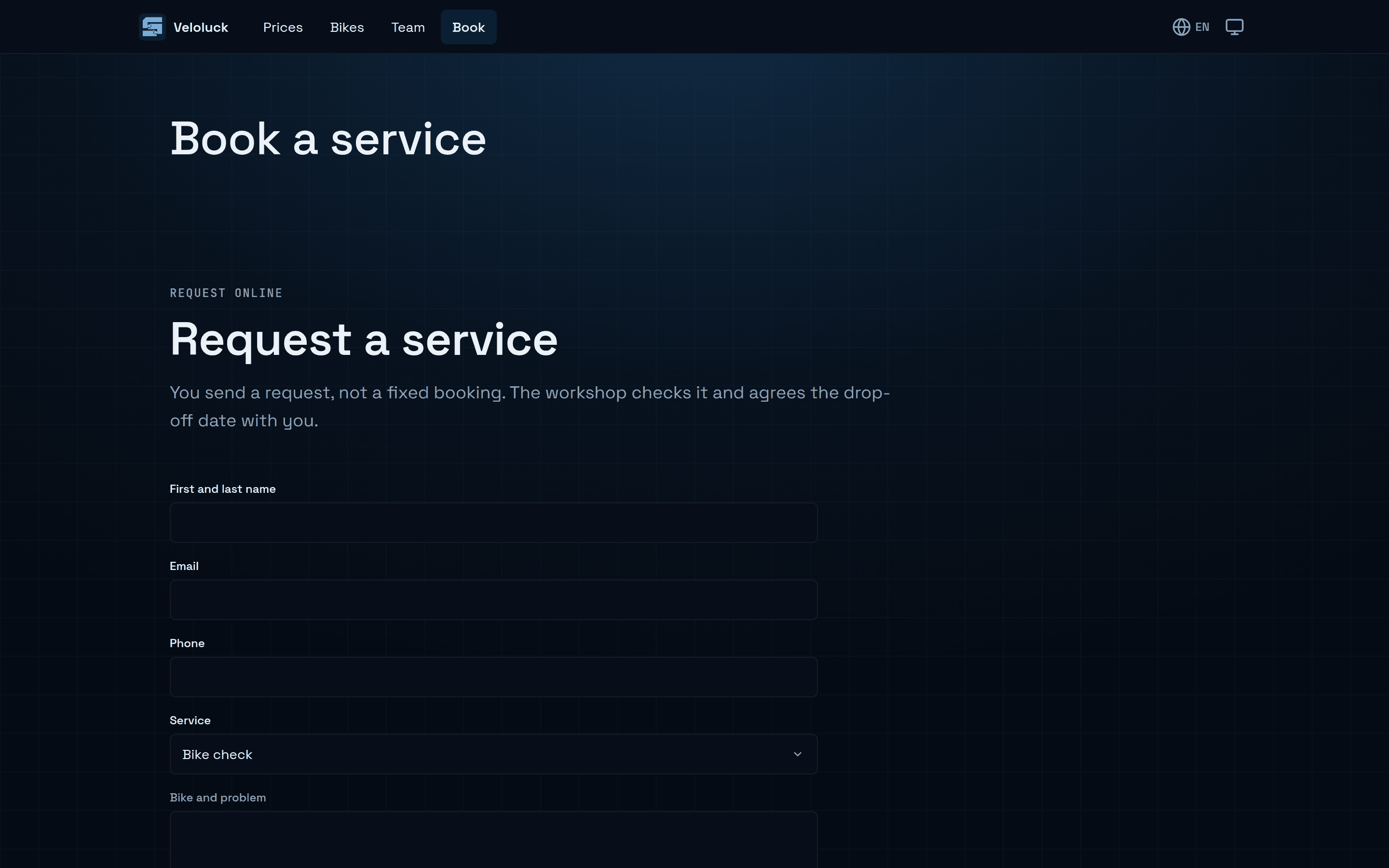 The booking page of the Veloluck website