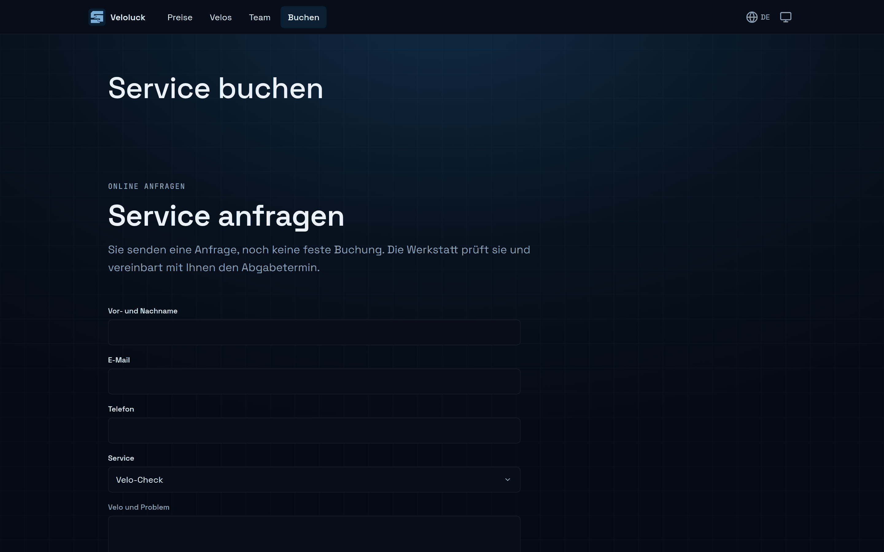 Die Buchungsseite der Website von Veloluck