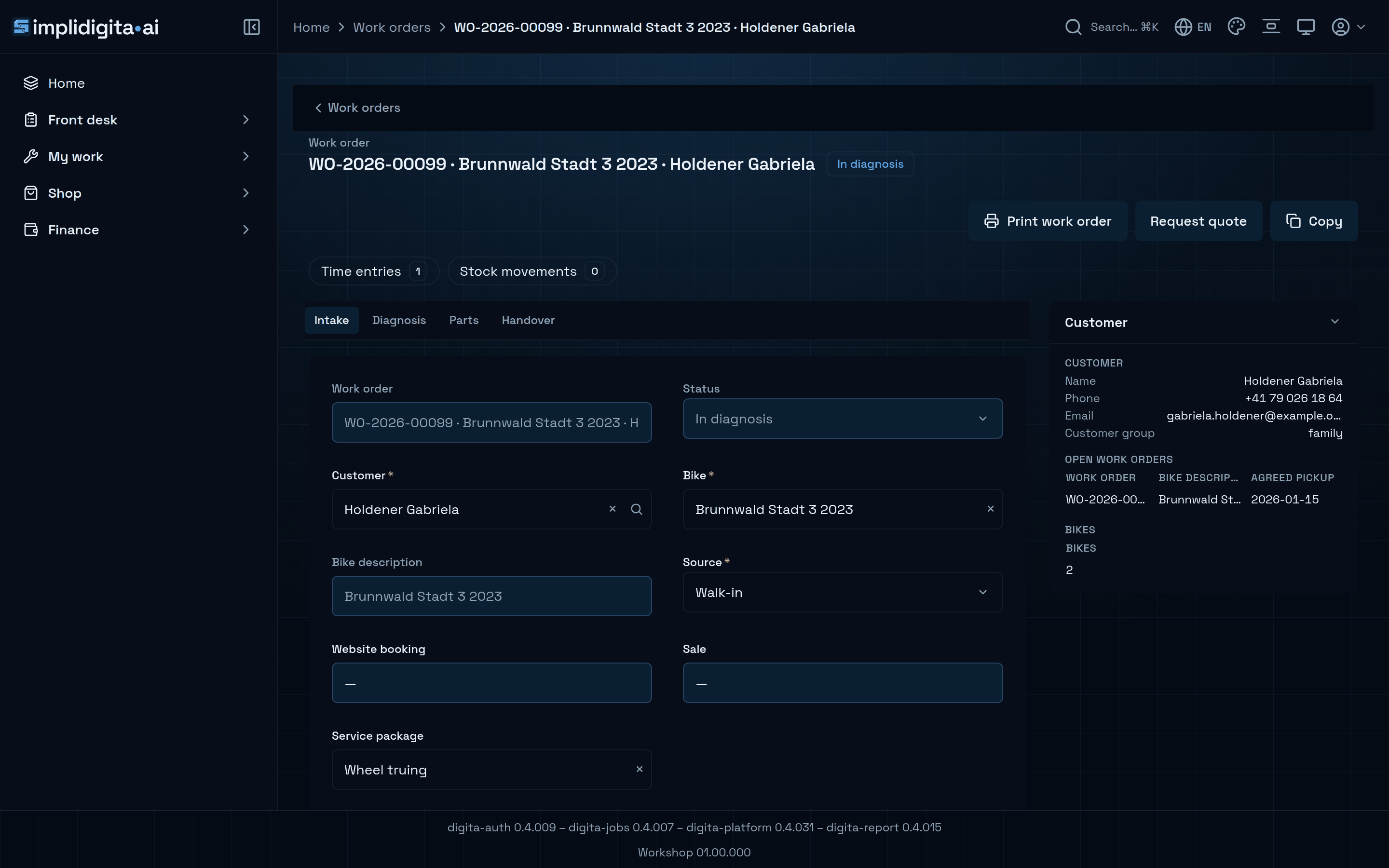 A work order of the Veloluck workshop app