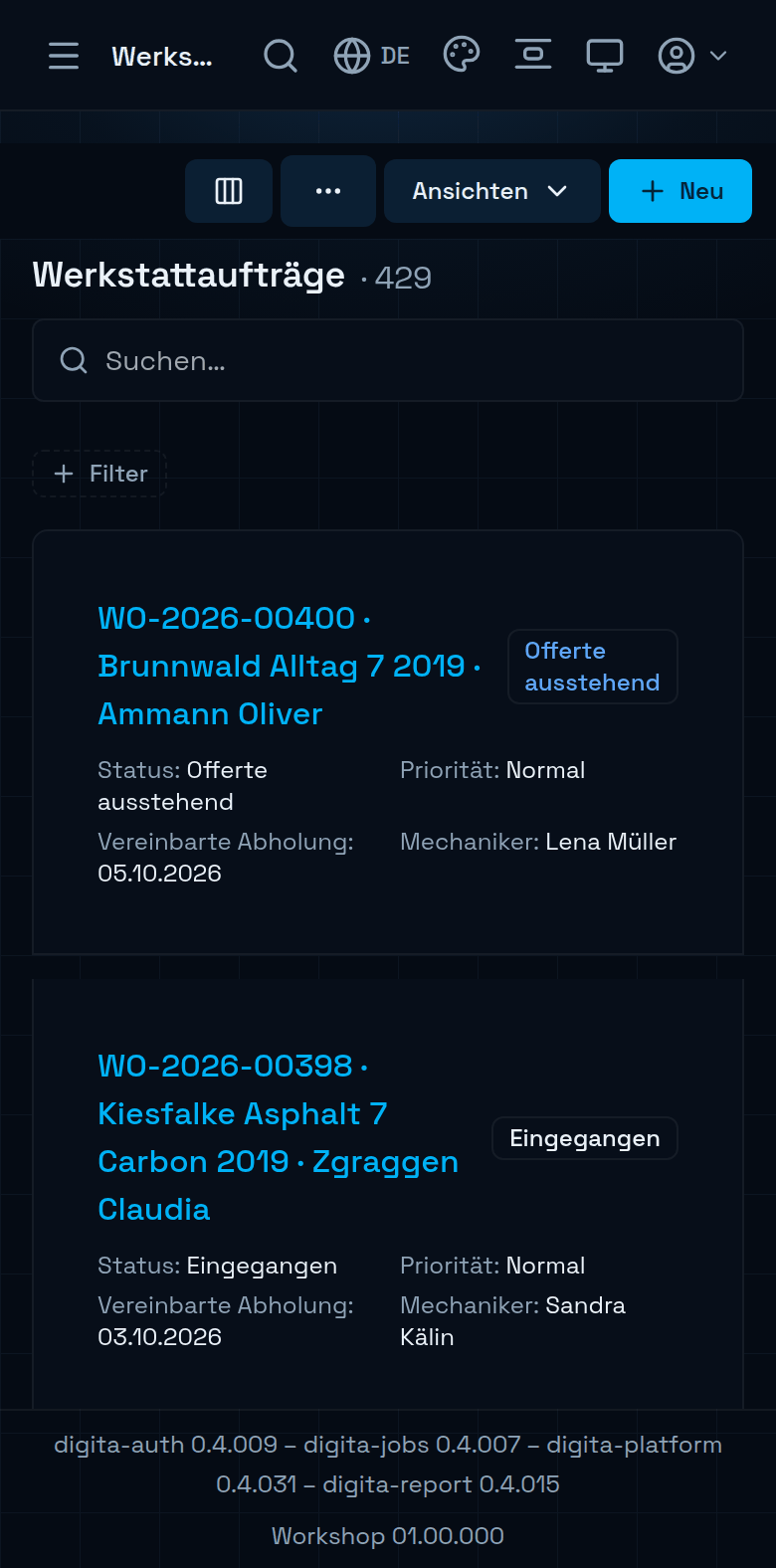 Die Werkstattaufträge von Veloluck auf dem Telefon
