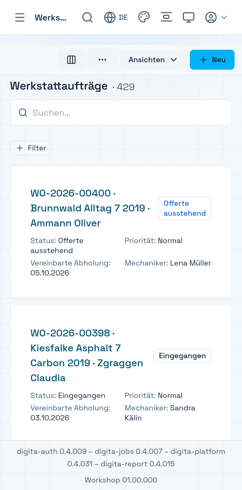 Die Werkstattaufträge von Veloluck auf dem Telefon